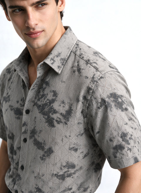 Grey Floral Diamond Texture Relaxed Fit Mens Jacquard Shirt