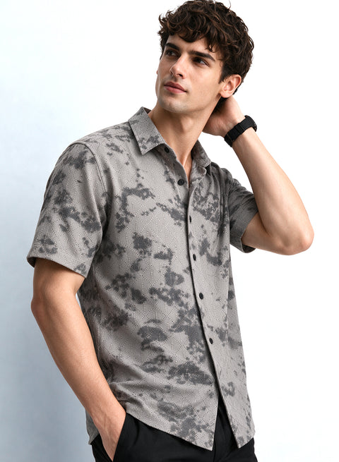 Grey Floral Diamond Texture Relaxed Fit Mens Jacquard Shirt