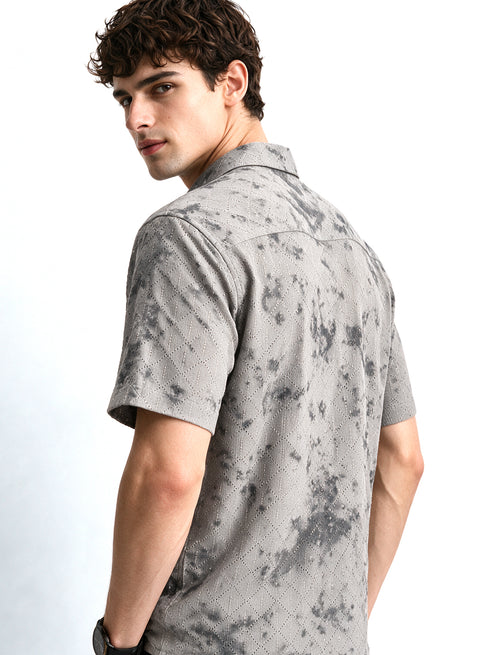 Grey Floral Diamond Texture Relaxed Fit Mens Jacquard Shirt