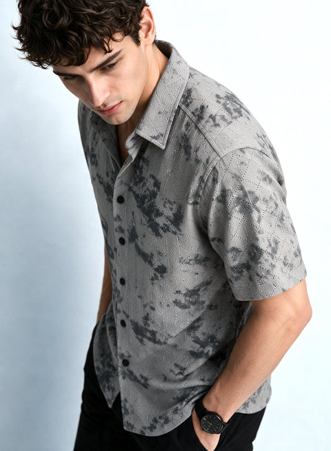 Grey Floral Diamond Texture Relaxed Fit Mens Jacquard Shirt