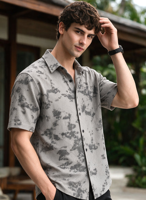 Grey Floral Diamond Texture Relaxed Fit Mens Jacquard Shirt