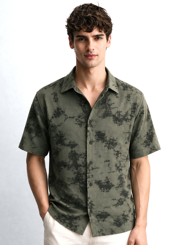 Olive Floral Diamond Texture Relaxed Fit Mens Jacquard Shirt