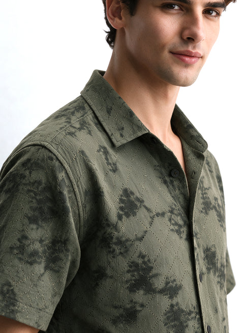 Olive Floral Diamond Texture Relaxed Fit Mens Jacquard Shirt