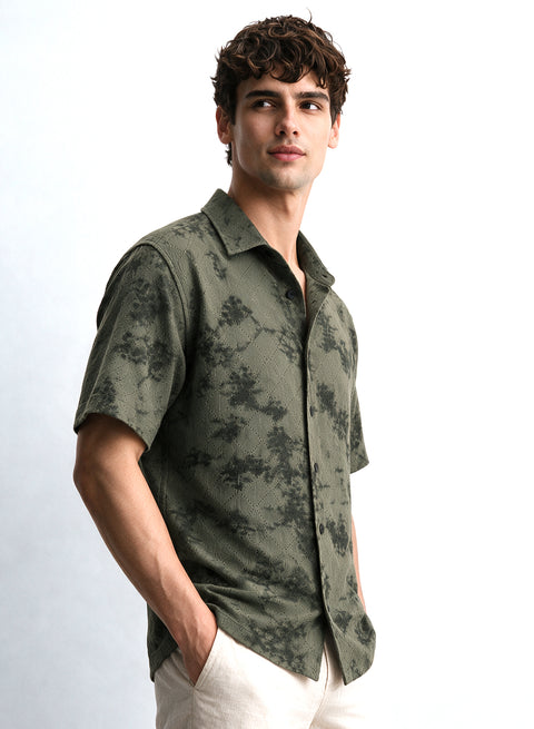 Olive Floral Diamond Texture Relaxed Fit Mens Jacquard Shirt