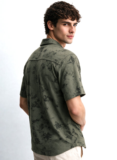 Olive Floral Diamond Texture Relaxed Fit Mens Jacquard Shirt