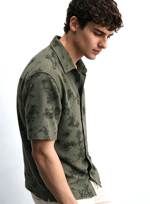 Olive Floral Diamond Texture Relaxed Fit Mens Jacquard Shirt