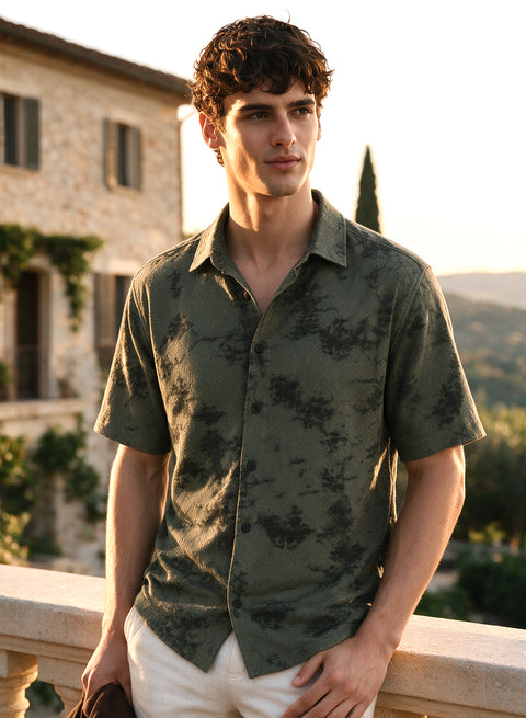 Olive Floral Diamond Texture Relaxed Fit Mens Jacquard Shirt