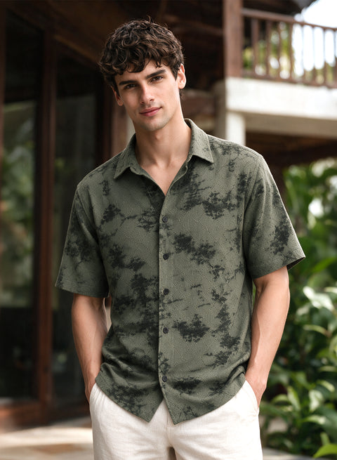 Olive Floral Diamond Texture Relaxed Fit Mens Jacquard Shirt