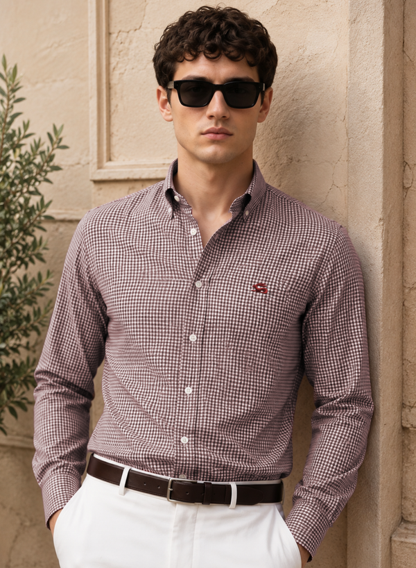 ADRO Men's Brown & White Mini Check Cotton Casual Shirt