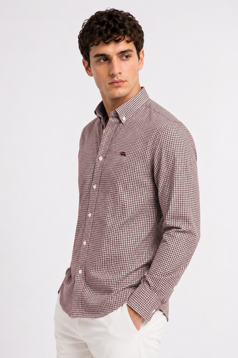 ADRO Men's Brown & White Mini Check Cotton Casual Shirt