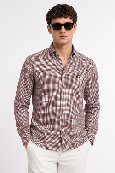 ADRO Men's Brown & White Mini Check Cotton Casual Shirt