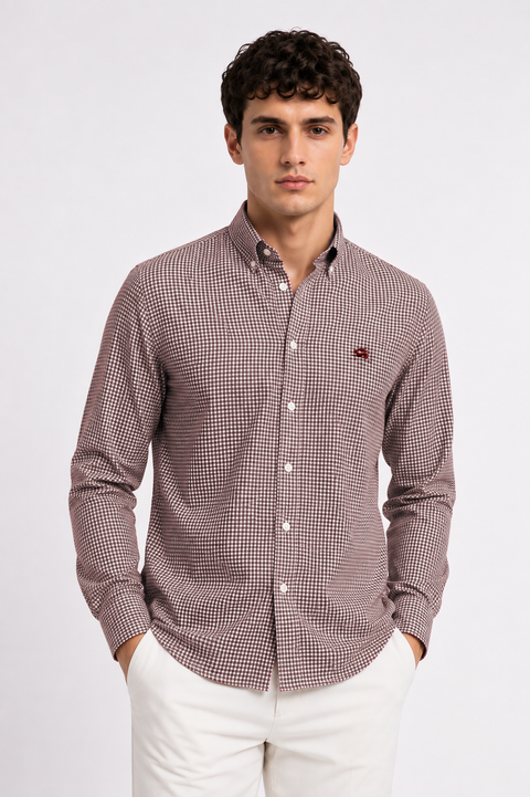 ADRO Men's Brown & White Mini Check Cotton Casual Shirt