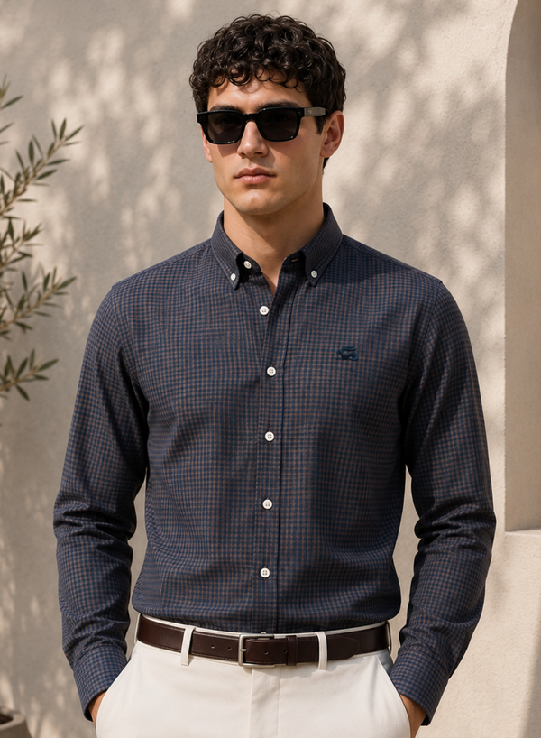 ADRO Men's Navy & Brown Mini Check Cotton Casual Shirt