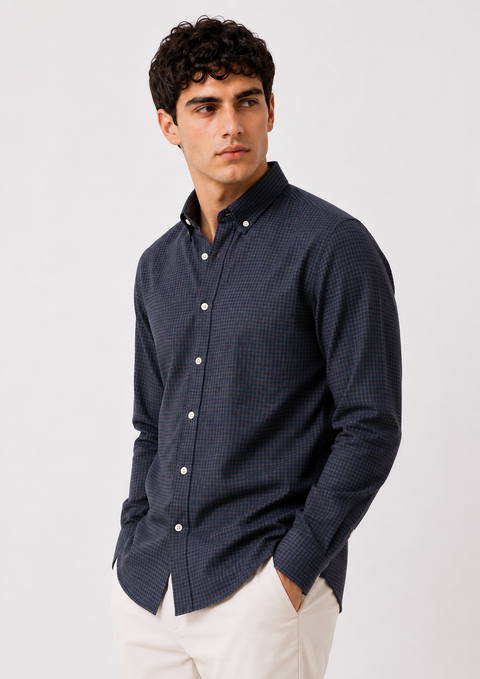 ADRO Men's Navy & Brown Mini Check Cotton Casual Shirt