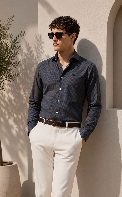 ADRO Men's Navy & Brown Mini Check Cotton Casual Shirt