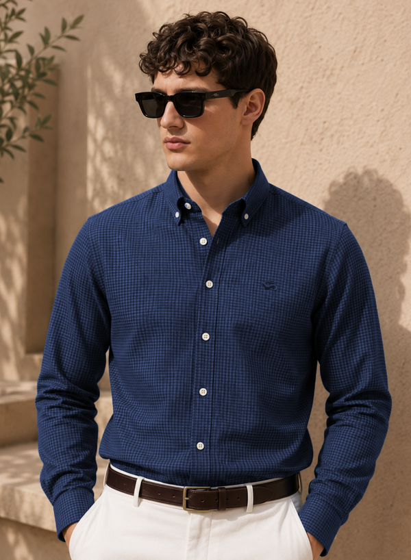 ADRO Men's Navy Blue Mini Check Cotton Casual Shirt