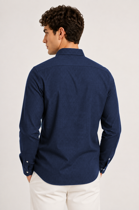 ADRO Men's Navy Blue Mini Check Cotton Casual Shirt