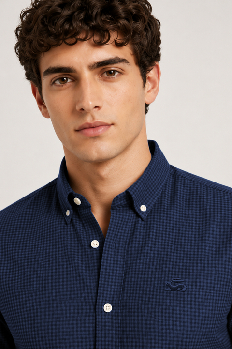 ADRO Men's Navy Blue Mini Check Cotton Casual Shirt
