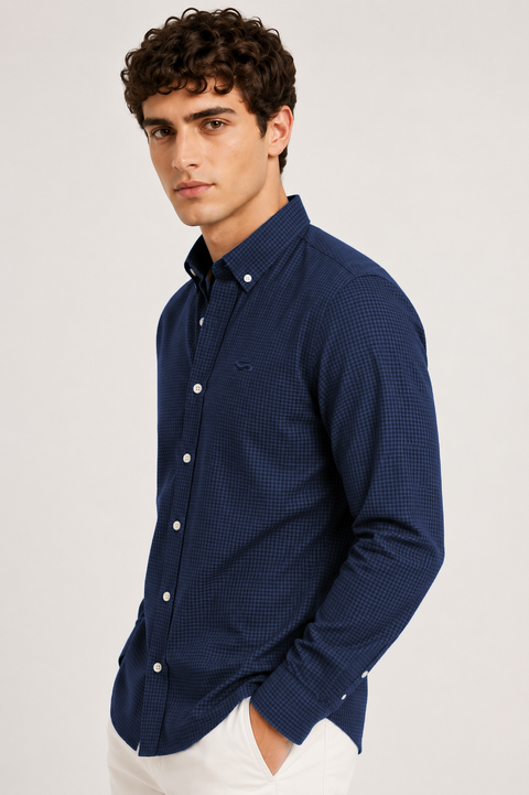 ADRO Men's Navy Blue Mini Check Cotton Casual Shirt