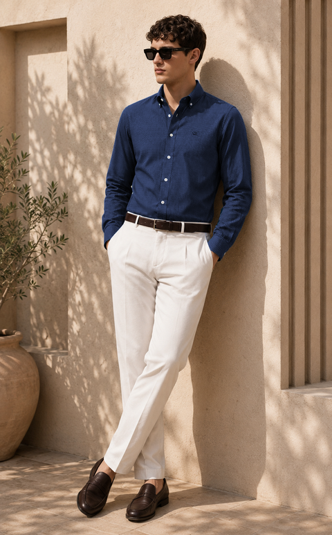 ADRO Men's Navy Blue Mini Check Cotton Casual Shirt