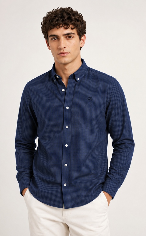 ADRO Men's Navy Blue Mini Check Cotton Casual Shirt