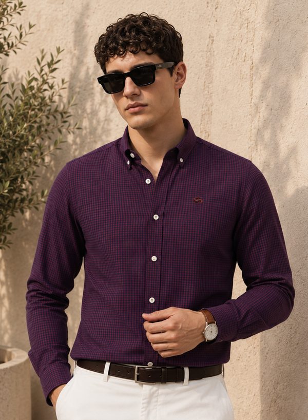 ADRO Men's Maroon & Navy Mini Check Cotton Casual Shirt