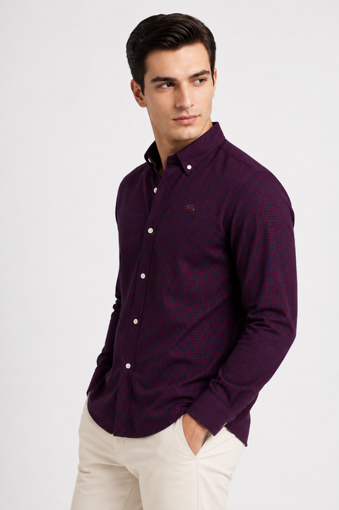 ADRO Men's Maroon & Navy Mini Check Cotton Casual Shirt