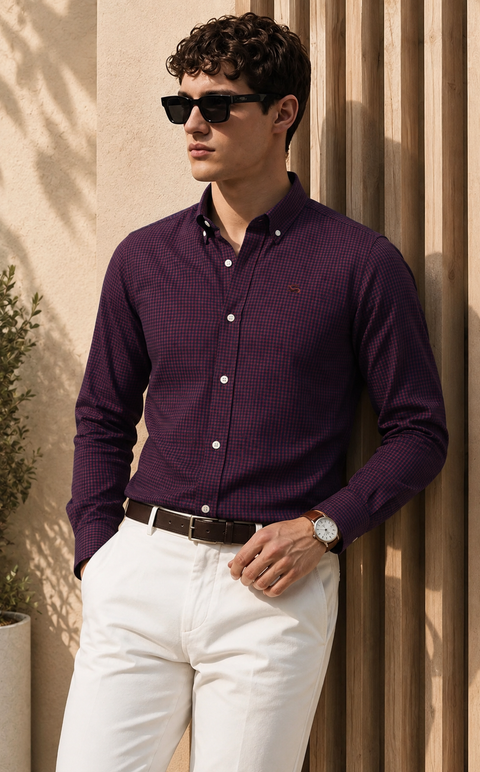 ADRO Men's Maroon & Navy Mini Check Cotton Casual Shirt