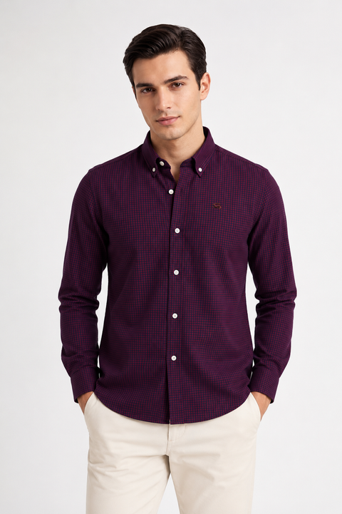 ADRO Men's Maroon & Navy Mini Check Cotton Casual Shirt