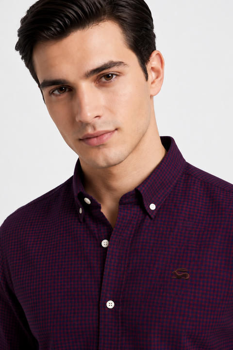ADRO Men's Maroon & Navy Mini Check Cotton Casual Shirt