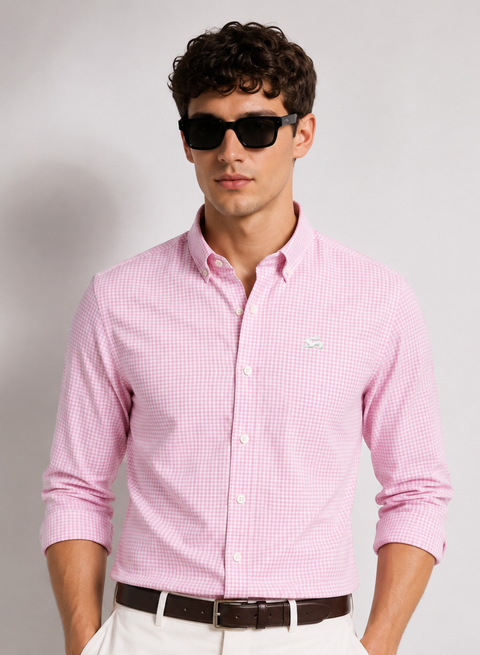 ADRO Men's Pink & White Mini Check Cotton Casual Shirt