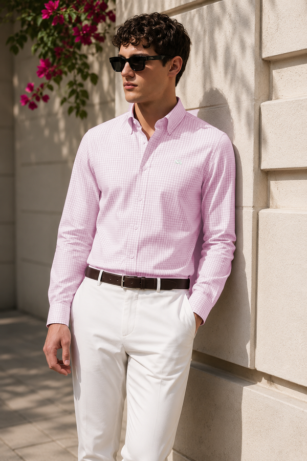 ADRO Men's Pink & White Mini Check Cotton Casual Shirt