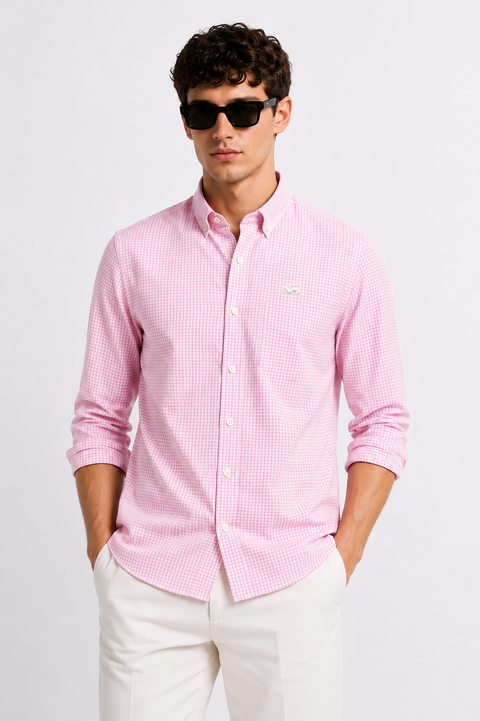 ADRO Men's Pink & White Mini Check Cotton Casual Shirt