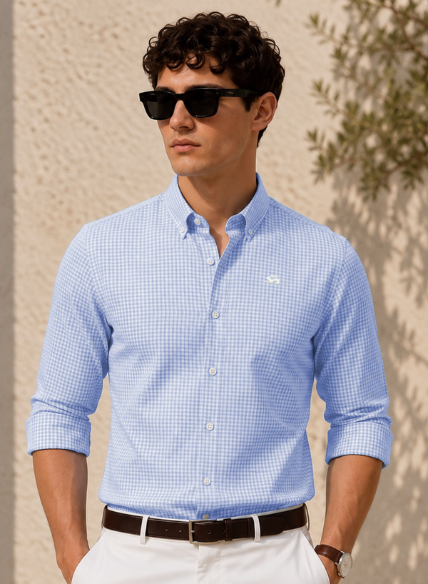 ADRO Men's Sky Blue & White Mini Check Cotton Casual Shirt