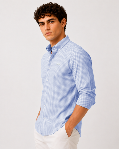 ADRO Men's Sky Blue & White Mini Check Cotton Casual Shirt