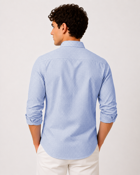 ADRO Men's Sky Blue & White Mini Check Cotton Casual Shirt