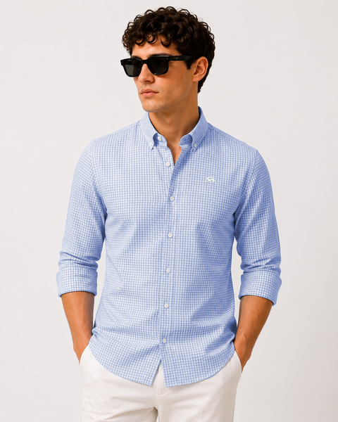 ADRO Men's Sky Blue & White Mini Check Cotton Casual Shirt