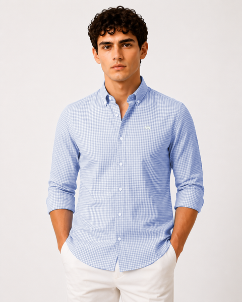 ADRO Men's Sky Blue & White Mini Check Cotton Casual Shirt