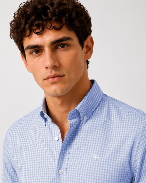 ADRO Men's Sky Blue & White Mini Check Cotton Casual Shirt