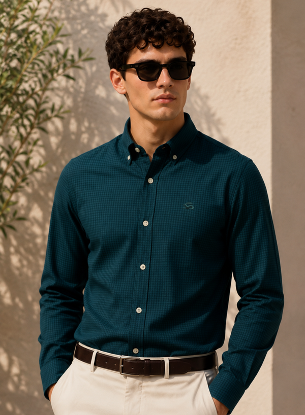 ADRO Men's Teal Blue Mini Check Cotton Casual Shirt