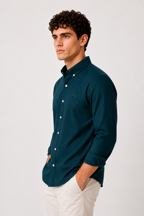 ADRO Men's Teal Blue Mini Check Cotton Casual Shirt