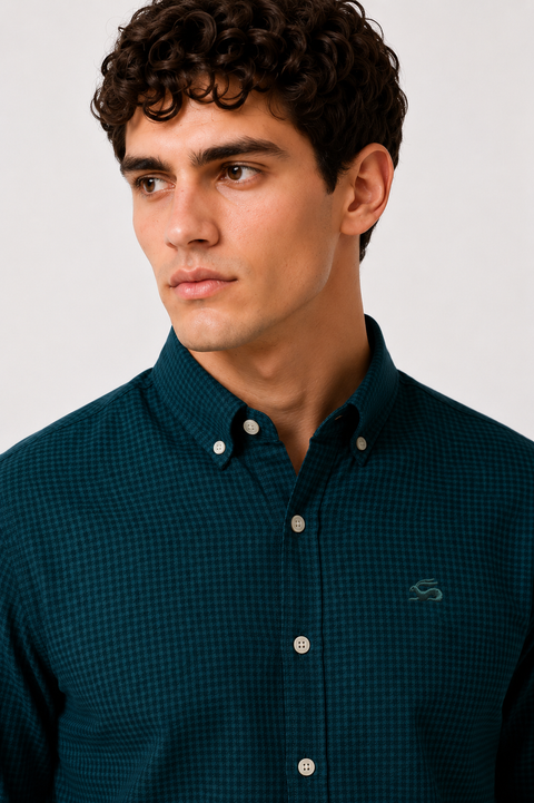 ADRO Men's Teal Blue Mini Check Cotton Casual Shirt