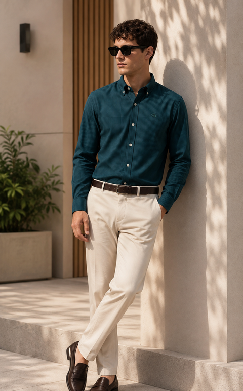 ADRO Men's Teal Blue Mini Check Cotton Casual Shirt