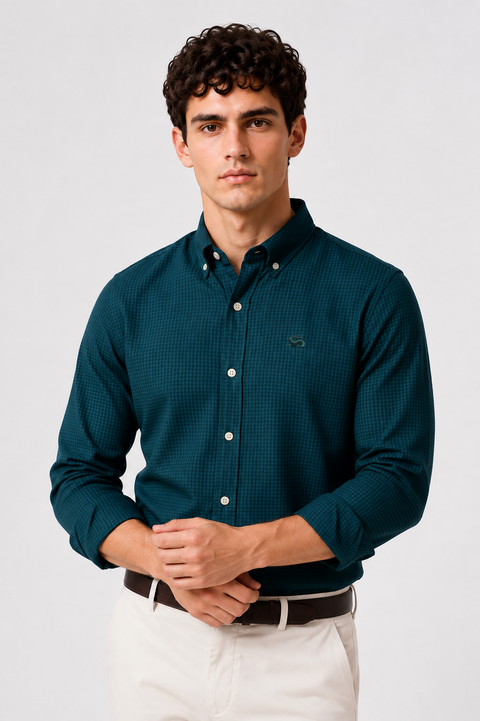 ADRO Men's Teal Blue Mini Check Cotton Casual Shirt