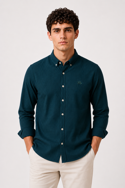 ADRO Men's Teal Blue Mini Check Cotton Casual Shirt