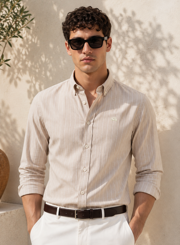 ADRO Men's Beige Striped Cotton Casual Shirt