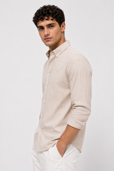 ADRO Men's Beige Striped Cotton Casual Shirt