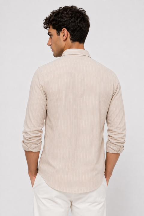 ADRO Men's Beige Striped Cotton Casual Shirt