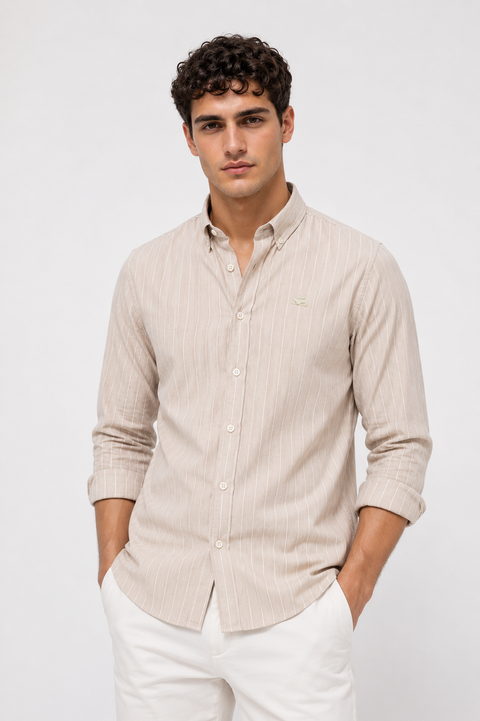 ADRO Men's Beige Striped Cotton Casual Shirt