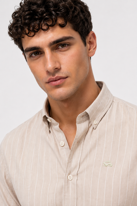ADRO Men's Beige Striped Cotton Casual Shirt